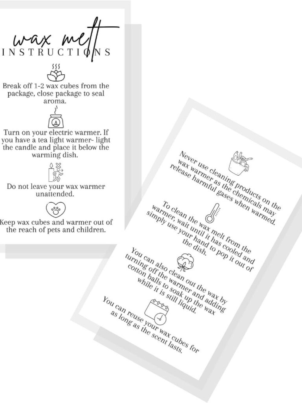 Wax Melt Instruction Cards | 50 Pack | 2x3.5” in Business Card | Wax Melt Suppli